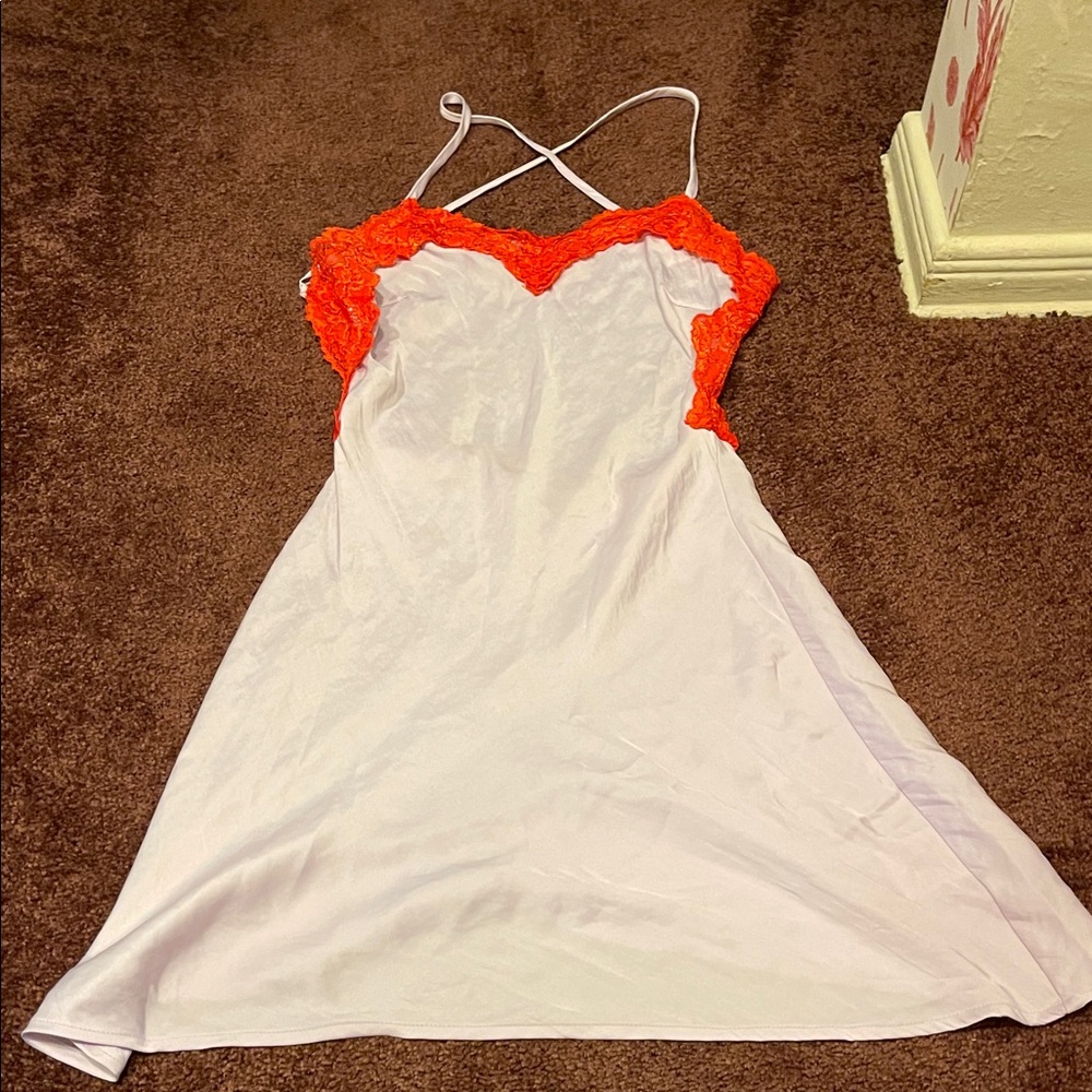 Elegant Soft Purple and Orangey Red Lace Chemise Dress